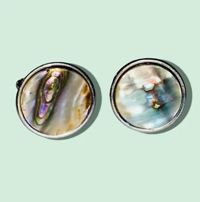 NICE Abalone Shell Cufflinks Round Silver-tone Vintage 805 • $10.99