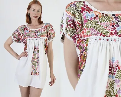 White Cotton Oaxacan Mini Dress Embroidered Fiesta Tunic Top Ethnic Sundress • $84.55