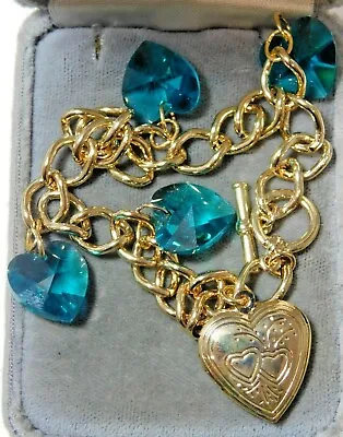 Vintage Heart Shaped Photo Locket Teal Blue Green Crystal Charm Bracelet 10J 3 • $31.49