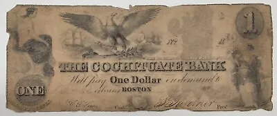 1849 Issue Cochituate Bank Of Boston Mass. $1 Note - VG W/Rough Edges • $39.95