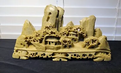 Vintage 7 Inch Long Intricate Soapstone Landscape Mountain Village Carving • $34.99