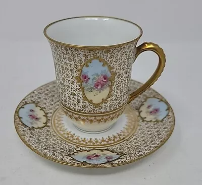 Limoges LS & S Lewis  Straus & Sons Rises Gold Demitass Cup & Saucer  Repaired • £53.03