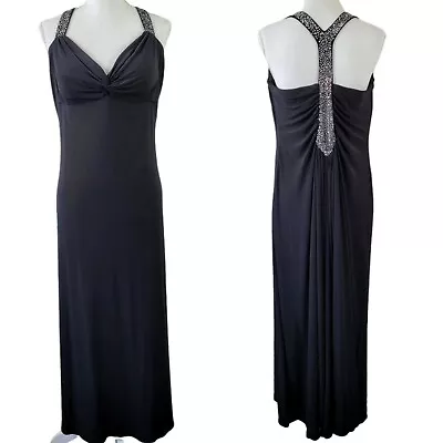 Vintage Onyx Nite Evening Gown Evening Dress Black Silver Studded Sz 14 Drapey • $47.77