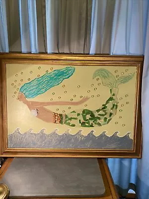 Huge 41 By 30 Inches Mermaid Picture With Marbles And Shells And Mosaic Sparkly • $575