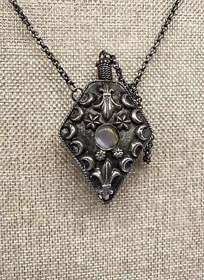 Vintage Sajai Metal Silver Tone Perfume Bottle Necklace Agate Stone Moon Ornate • $38