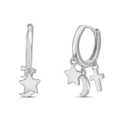925 Sterling Silver Dangling Star Moon Cross Huggie Earrings • $34.99