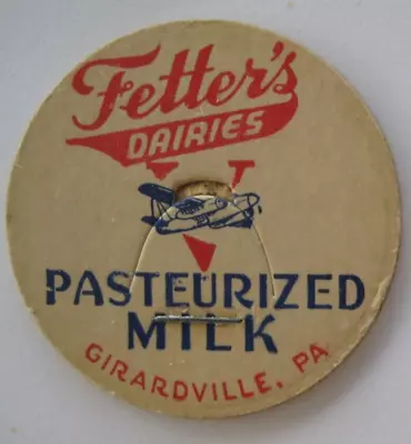 VAirplane War Slogan Milk CapFetter's DairiesGirardvillePa. Schuylkill County • $17.76