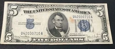 1934 $5 DOLLAR BILL BLUE SEAL & SERIAL U42030710A Series D • $9