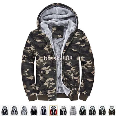 Winter Men's Warm Camouflage Hooded Coat Camo Fur Fleece Lined Zip Hoodie Jacket • $28.84