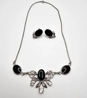 Gorgeous Vintage Van Dell Sterling Onyx & Rhinestone Necklace & Earrings #31 • $65