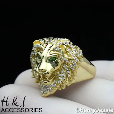 Men 925 Sterling Silver Icy Cz Gold Plated 3d Green Eye Lion Head Ring*agr180 • $68.99