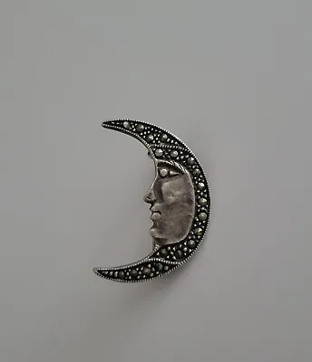 Vintage Sterling Silver Marcasite Crescent Moon Face Brooch 925  • $19