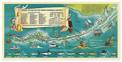 Treasure Map Print  Sea  The Florida Keys & Key West Via Overseas Highway C.1960 • $17.97