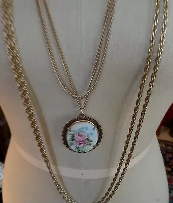 Gold Tone Multi Chain Painted Medallion Roses Oval  Domed Glass Pendant Necklace • $18