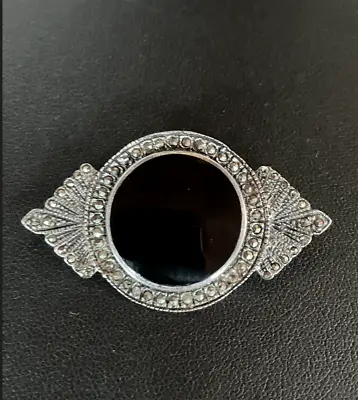 Vintage Sterling Silver 925 Black Onyx Marcasite Brooch Pin WOW! • $24.99