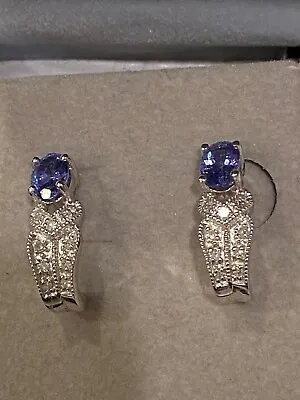 Vintage J-Hoop Oval 6 X 4 MM Tanzanite And Diamond Earrings In 14K White Gold • $335