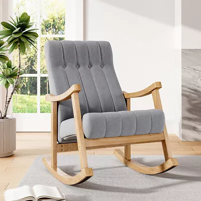 Solid Wood Style Upholstered Armchair Accent Tub Relaxing Napping Rocking Chair • £135.95