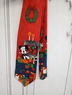 Vintage 1990's Disney Tie Mickey Unlimited Christmas 100% Silk Red Classic 60  • $16.34