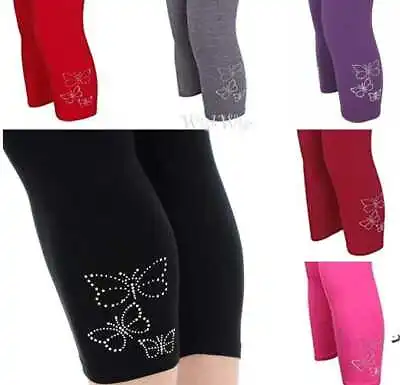 Ladies Plus Size 3/4 Stretch Butterfly Embellished Diamante Crop Leggings 12-30 • £9.99