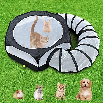 Small Animal Playpen Guinea Pig Cage Rabbit Pet With Tunnel Black And White • $56.99