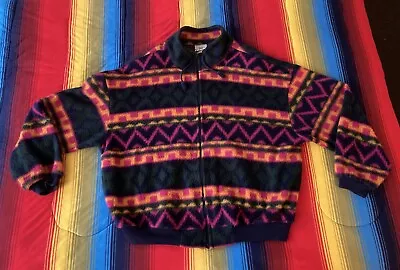 David Wayne Fleece Zip Up Jacket Aztec Tribal Vintage 90’s Soft Fleece Large USA • $39.95