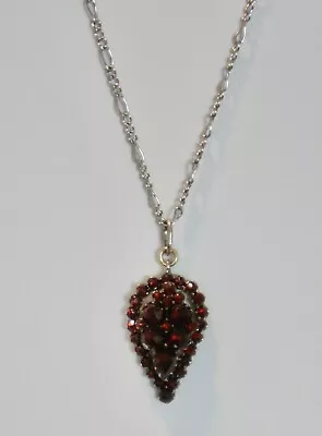 Antique/Vintage Bohemian Garnet Sterling Silver Tear Drop Pendant Necklace  17.5 • $125