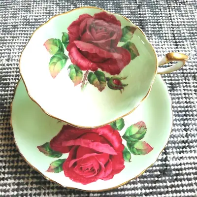 $1599 • Buy PARAGON R. Johnson Largeest Red  Floating  Cabbage Rose On Green Teacup & Saucer