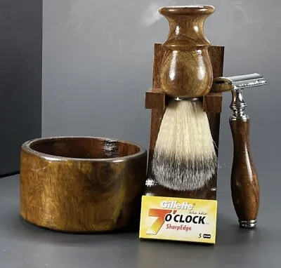 Wooden Vintage Style Wet Shaving Set Brush Bowl Mug Soap Blades Safety Razor • $49.95