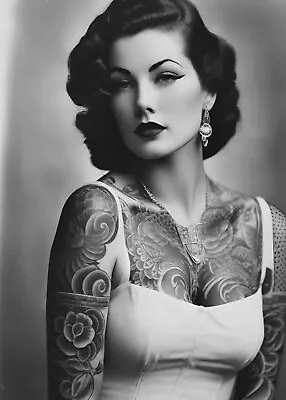 Vintage Tattoo Photo Woman Black And White Picture Antique Style Wall Art V1 • $14.99