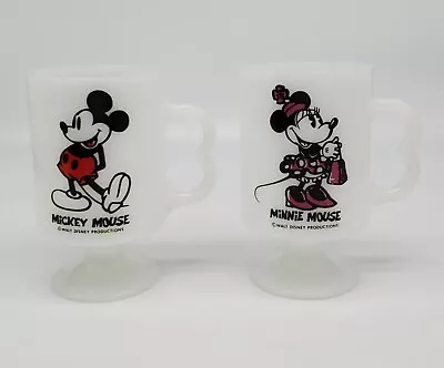 2 DISNEY Coffee Cups 5  Footed Milk Glass Mug Mickey Minnie Mouse Heat Proof VTG • $24