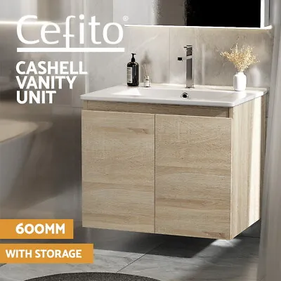 Cefito Vanity Unit 600mm Basin Bathroom Cabinet Storage Wall Hung Sink Oak • $185.95