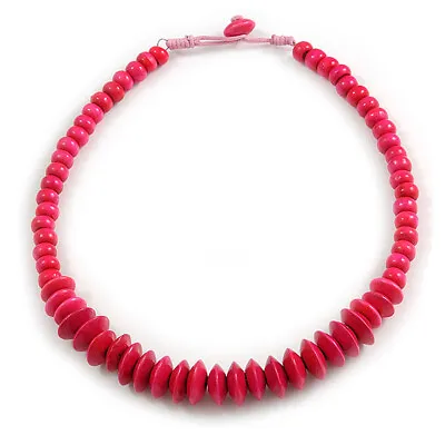 £12.99 • Buy Deep Pink Button, Round Wood Bead Wire Necklace - 46cm L