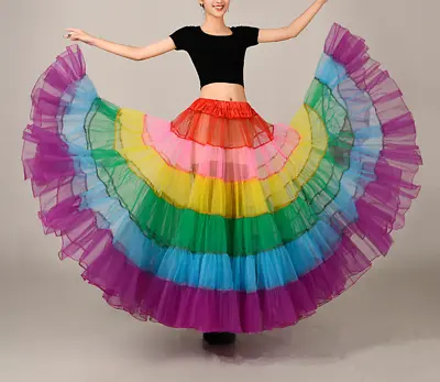 Mesh Multicolored Rainbow A-Line Maxi Tutu Skirt Pleated Floor Length Petticoat • £25.07