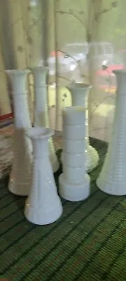 White Milk Glass 9  & 6  Bud Vases Diamond And Ribbed Mixed Lot Of 6 Wedding Fun • $24.99