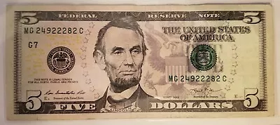 2013 (G) $5 Five Dollar Bill Federal Reserve Note Chicago Fancy 5 2s 24922282 • $10.95