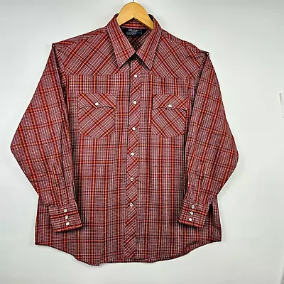 Vintage Lariat Western Plaid Shirt Men XL Red Long Sleeve Pearl Snap Button • $12.95