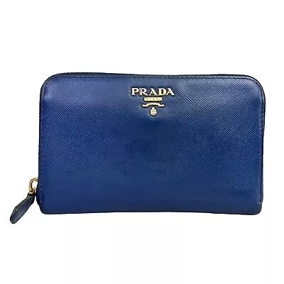 PRADA Wallet Long Wallet Round Zipper Saffiano Blue Authentic • $1.10