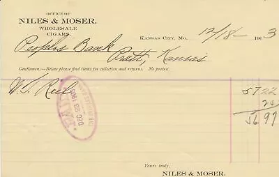 U.S. NILES & MOSER Kansas City 1903 Wholesale Cigars Paid Invoice Ref 43300 • $9.05