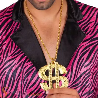 Gold Giant Metal Dollar Sign Necklace & Chain Fancy Dress Pimp Gangster Rapper • £9.49