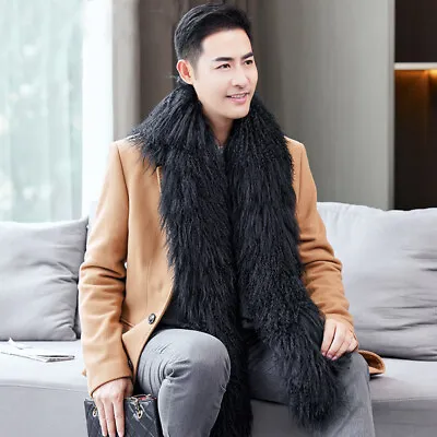 Men Real Mongolian Lamb Fur Scarf Neckerchief Shawl Wraps Double Side Fur Black • $53.54
