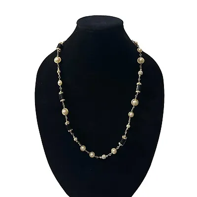 Signed J Crew Gold Tone Rhinestone White Faux Pearls & Black Beads Necklace 28” • $20.99