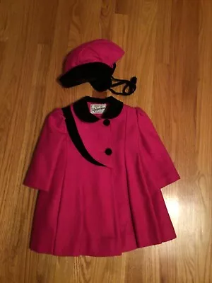 Vintage Rothschild Wool Winter Coat & Hat Girls Size 2 Magenta Black Velvet Trim • $175