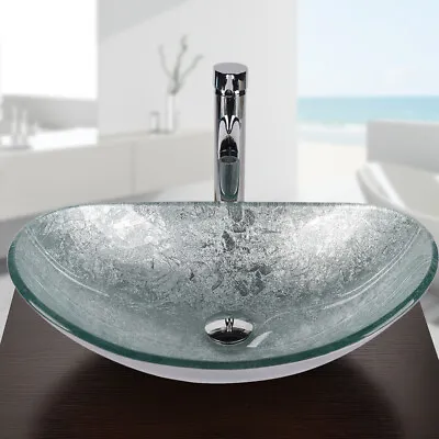 £70.90 • Buy Countertop Sink Basin Set Tempered Glass Wash Bowl Waste Tap Cloakroom Bathroom
