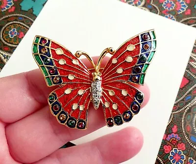 Beautiful Vintage Butterfly Brooch Colourful Enamel Wings Rhinestone Body • $15