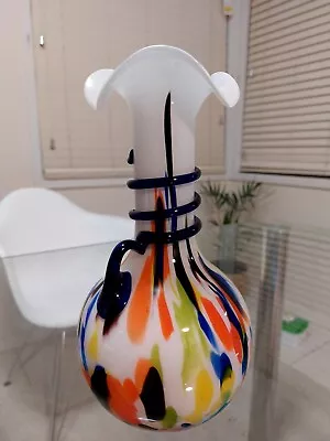 Vintage Czech Bohemian Spatter Glass  Vase Applied Cobalt Blue Handle Hand Blown • $70