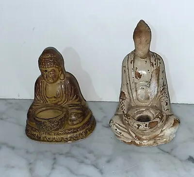 Two Old Vintage Chinese Pottery Statues Of Seated Buddha As Incense Burners • $30