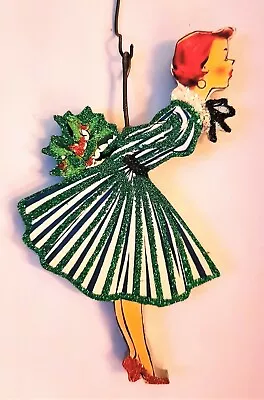 50s WOMAN In GREEN STRIPED DRESS HOLLY KISS * Glitter CHRISTMAS ORNAMENT * Vtg • $10.50