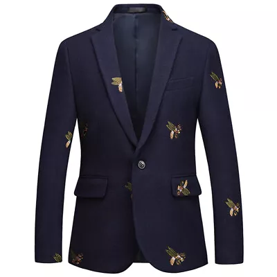 Mens Korean Fashion Embroidery Wool Blend Blazer Jacket Slim Fit Outwear Coat • $52.79