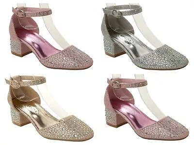 Girls Glitter Diamante Low Heel Bridesmaid Party Fancy Dress Shoes Uk Size 10-2 • £19.95