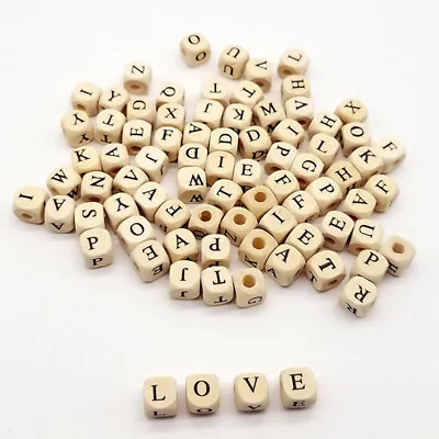 50 Pcs 10mm Alphabet Wood Colour Mixed Letter Cube Wooden Beads Craft With Cord • £3.29